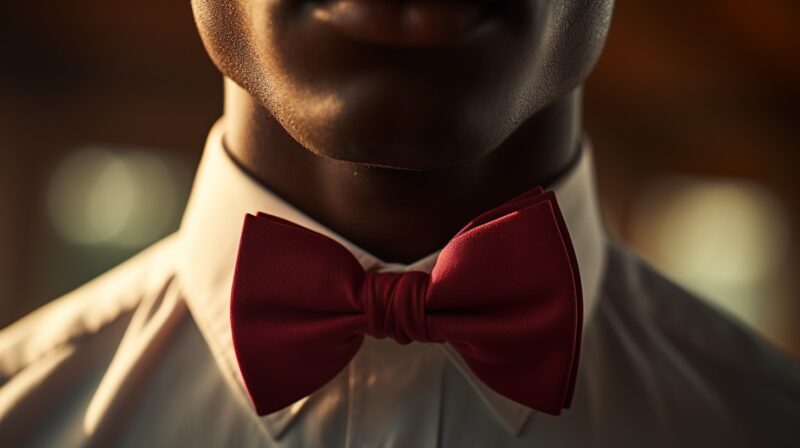 close up of a bow on a mans neck, bold colorism, graceful, no cinematic light, photography realistic, HD, --ar 16:9